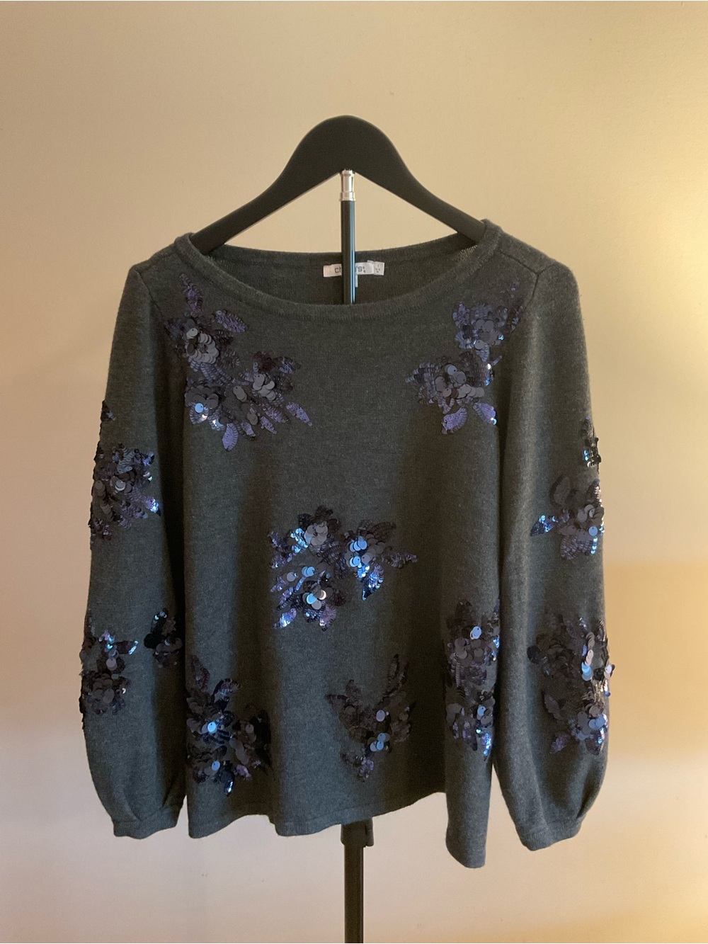 Chico's Dark Charcoal Gray Blue Sequin Crewneck Sweater size 1 M